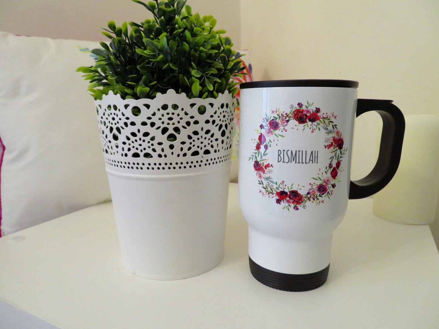 Personalised Wreath Stainless Steel White Travel Mug