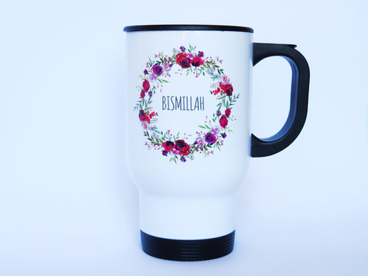 Personalised Wreath Stainless Steel White Travel Mug